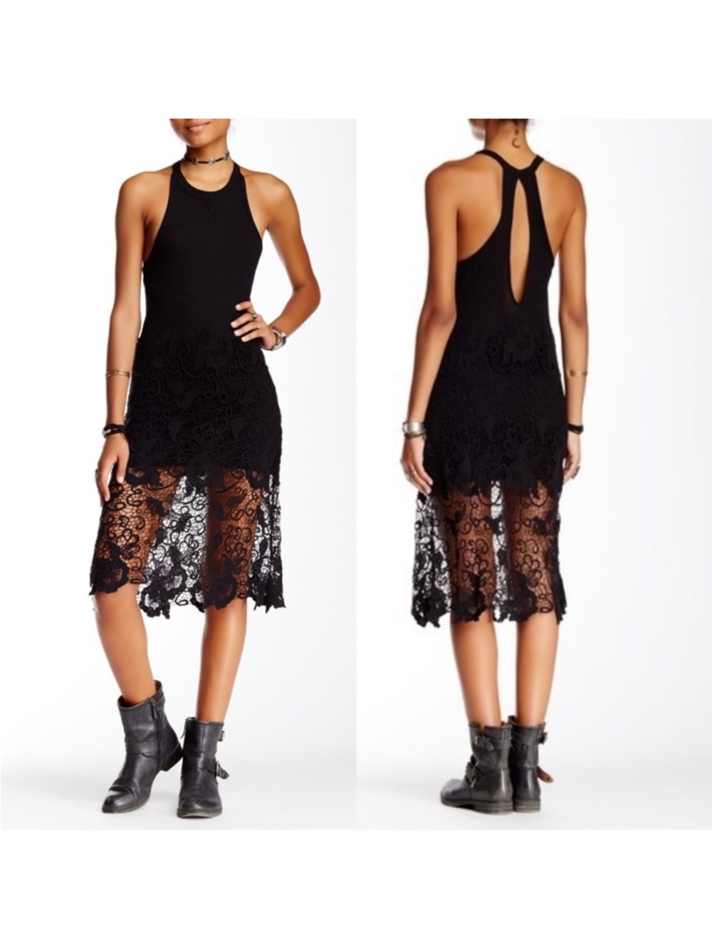 Free People Nora Black Crochet Lace Keyhole Back  Dress